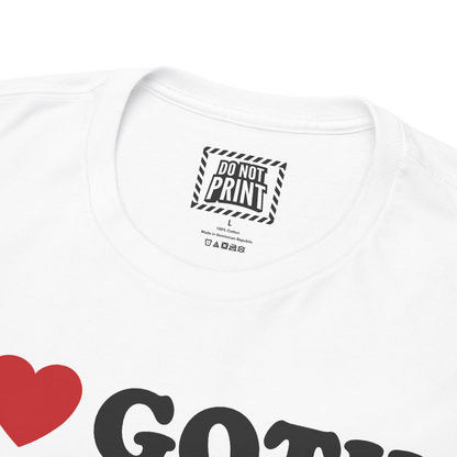 Close-up of the collar and neck label on the white I Heart Goth Girls t-shirt