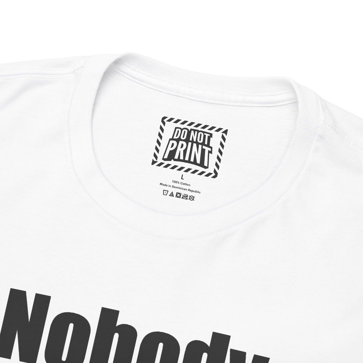 Close-up of the collar and neck label on the white "Nobody knows I'm a Lesbian." t-shirt