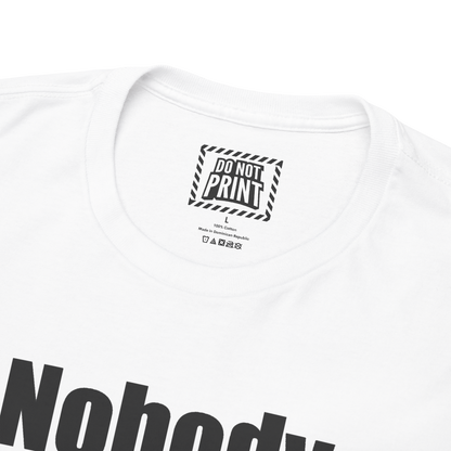 Close-up of the collar and neck label on the white "Nobody knows I'm a Lesbian." t-shirt