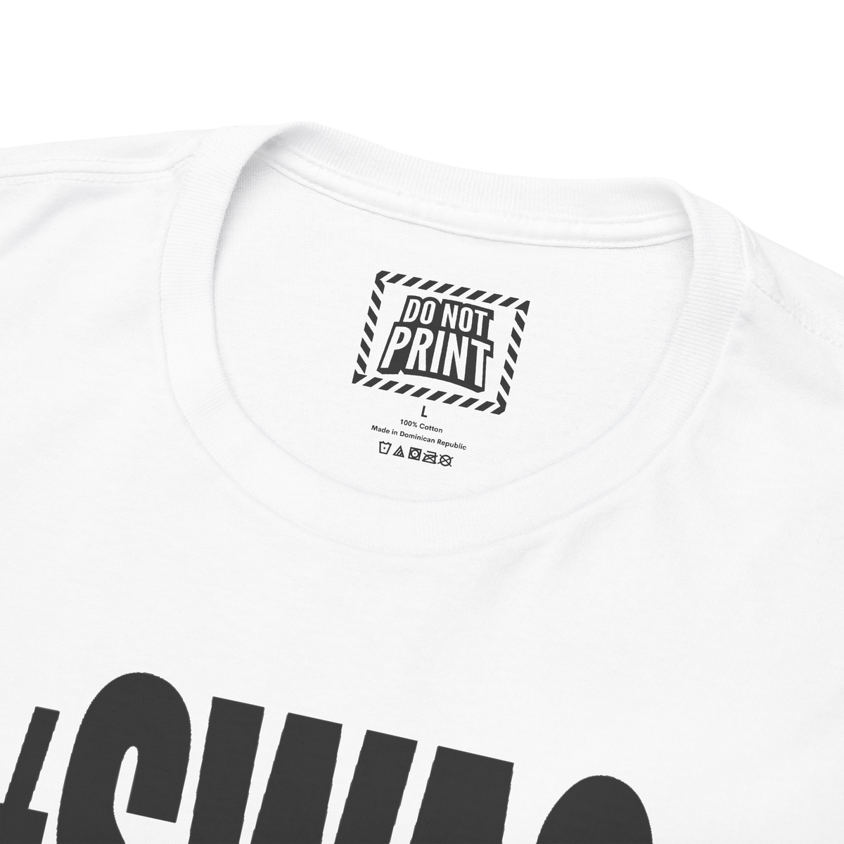 Close-up of the collar and neck label on the white "#SWAG" t-shirt