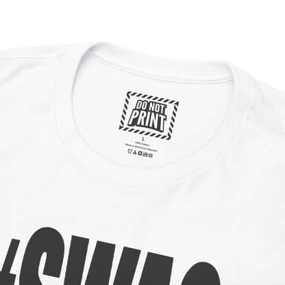 Close-up of the collar and neck label on the white "#SWAG" t-shirt
