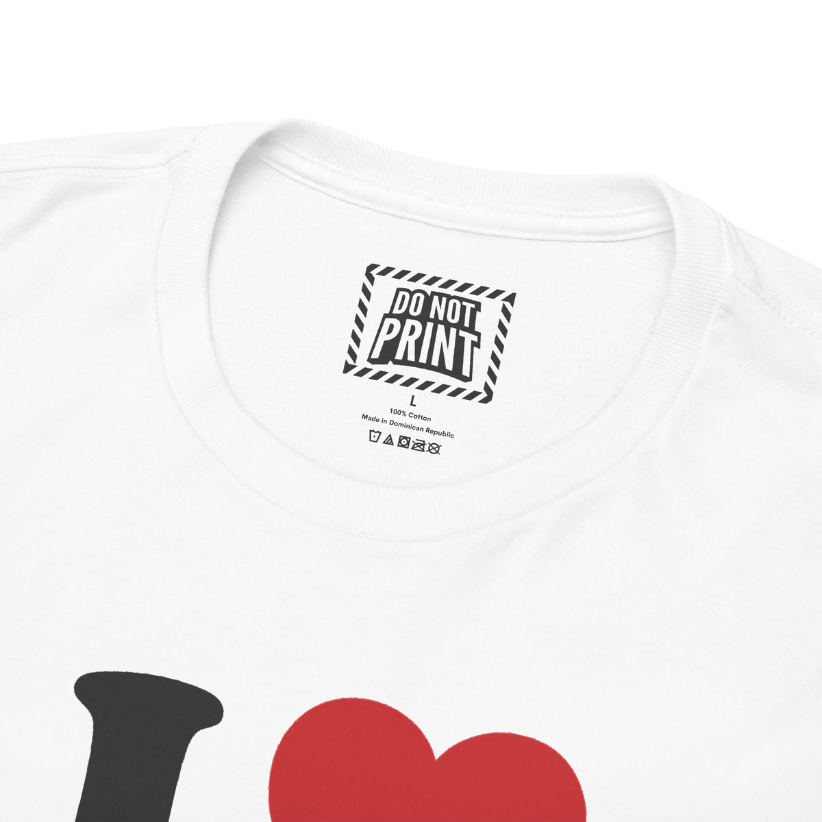 Close-up of the collar and neck label on the white I Heart Freaks t-shirt