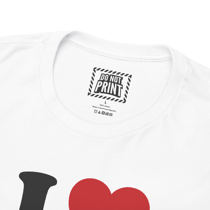 Close-up of the collar and neck label on the white I Heart Freaks t-shirt