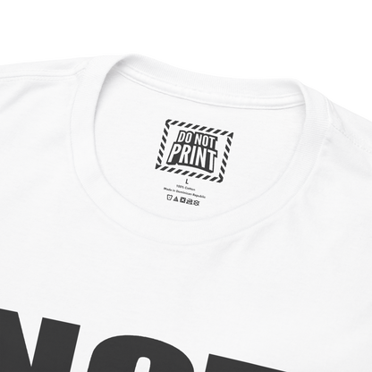 Close-up of the collar and neck label on the white "NOT FOR SALE." t-shirt