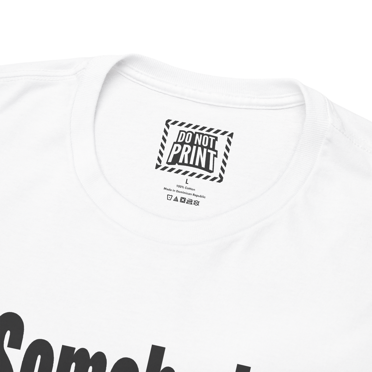 Close-up of the collar and neck label on the white "Somebody" t-shirt
