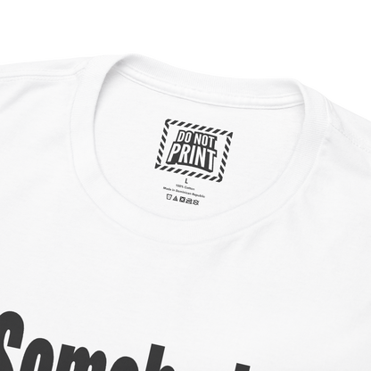 Close-up of the collar and neck label on the white "Somebody" t-shirt