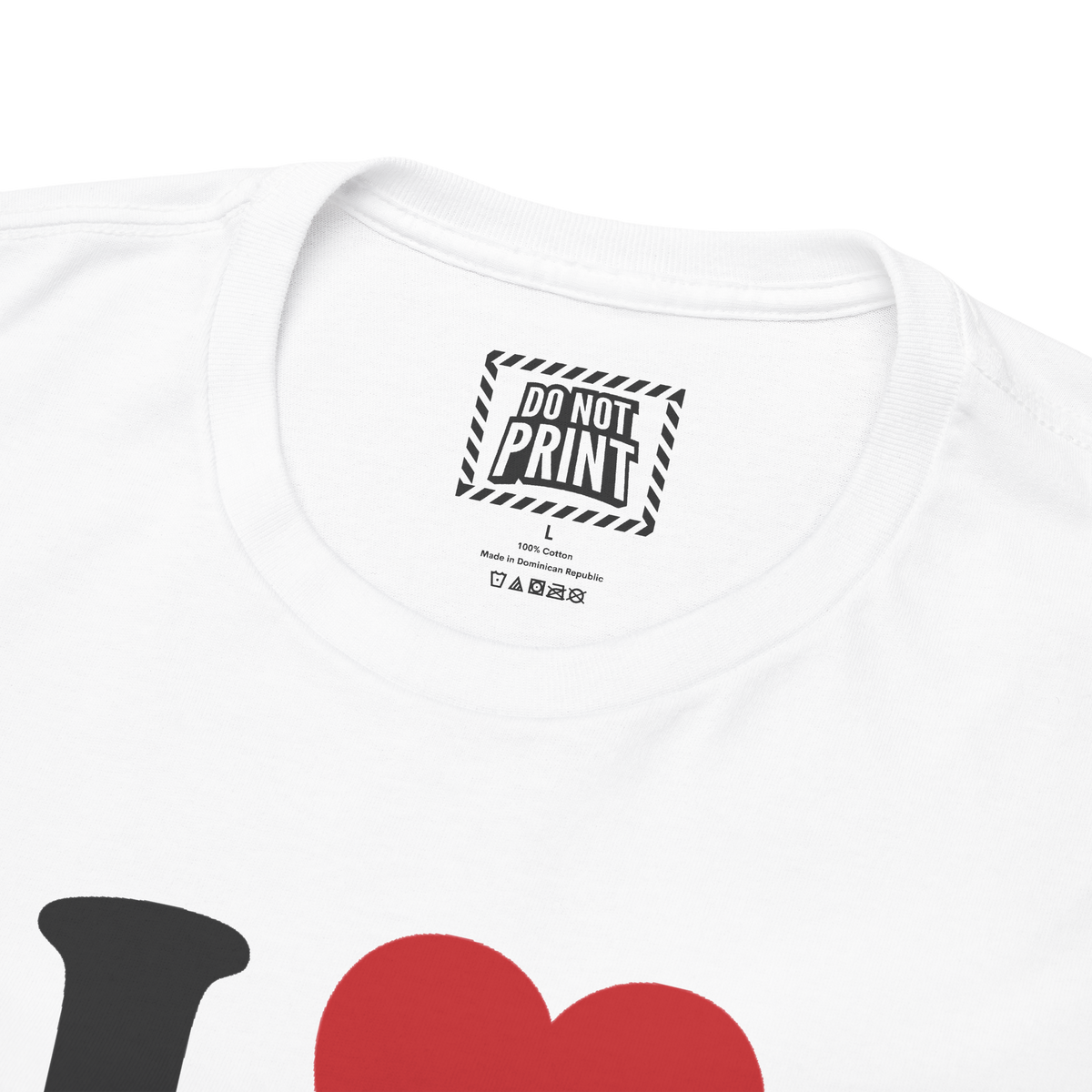 Close-up of the collar and neck label on the white I Heart Men (Sorry I Lied) t-shirt