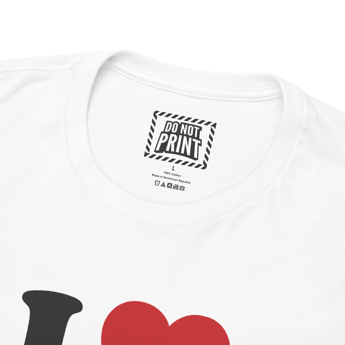 Close-up of the collar and neck label on the white I Love Women t-shirt