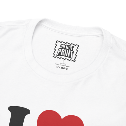 Close-up of the collar and neck label on the white I Love Women t-shirt