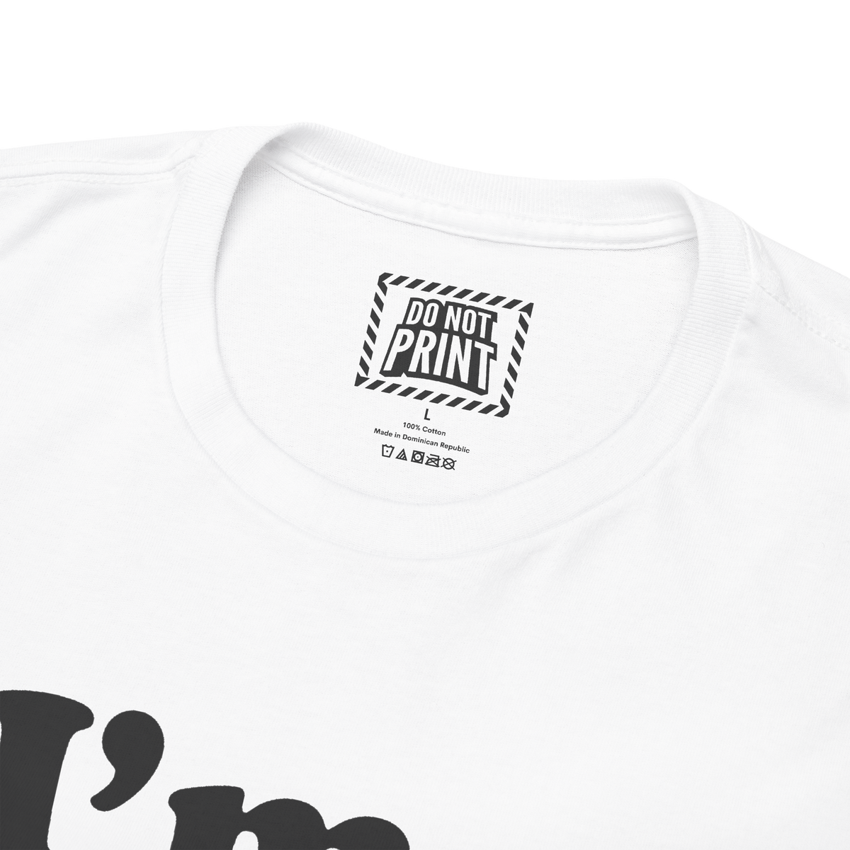 Close-up of the collar and neck label on the white "I'm a freak" t-shirt