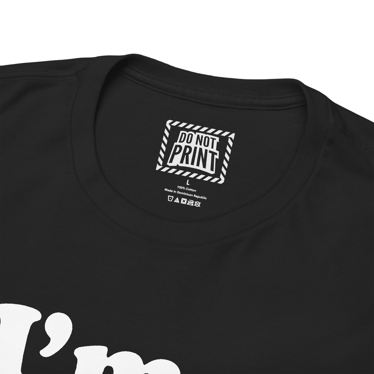 Close-up of the collar and neck label on the black "I'm a freak" t-shirt